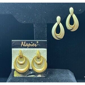 Lot 2 Vintage Napier Door Knocker Teardrop Earrings Pierced Gold Tone & Enamel
